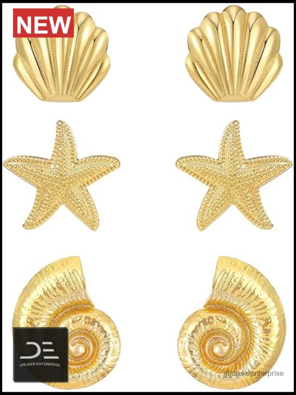 3 Pairs 14K Gold Plated Beach Earrings Stud Set Summer Ocean Seashell